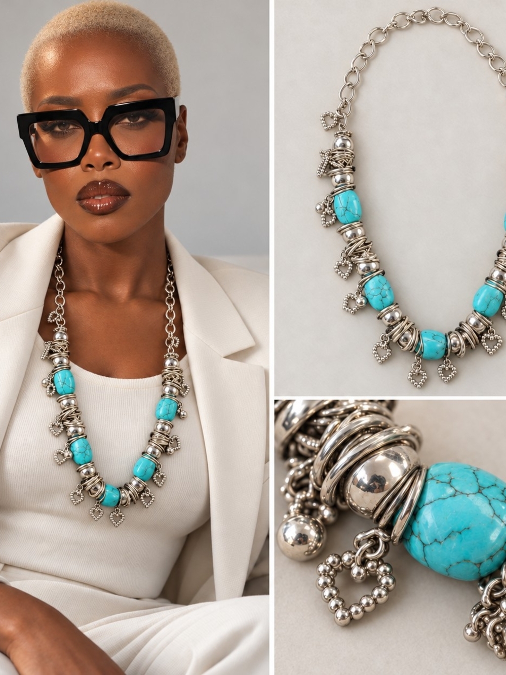 Turquoise Blue & Silver-Tone Statement Necklace with Heart Charms